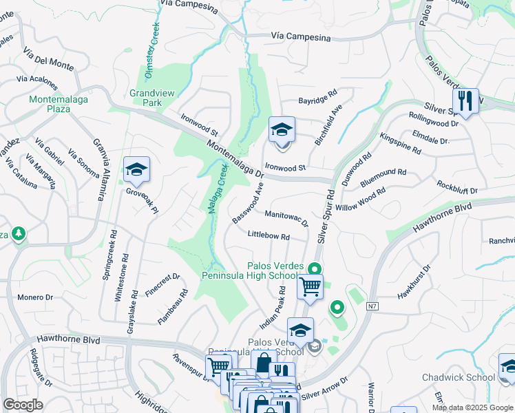 map of restaurants, bars, coffee shops, grocery stores, and more near 26554 Basswood Avenue in Rancho Palos Verdes