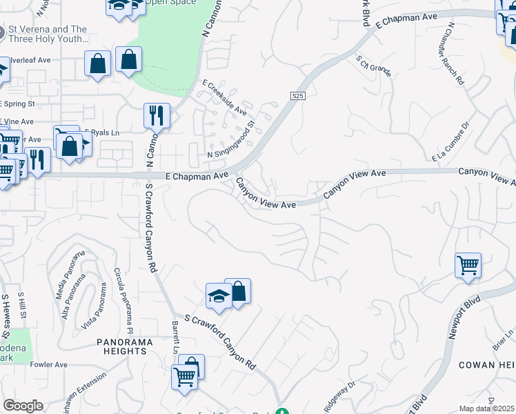 map of restaurants, bars, coffee shops, grocery stores, and more near 5931 East Rocking Horse Way in Orange
