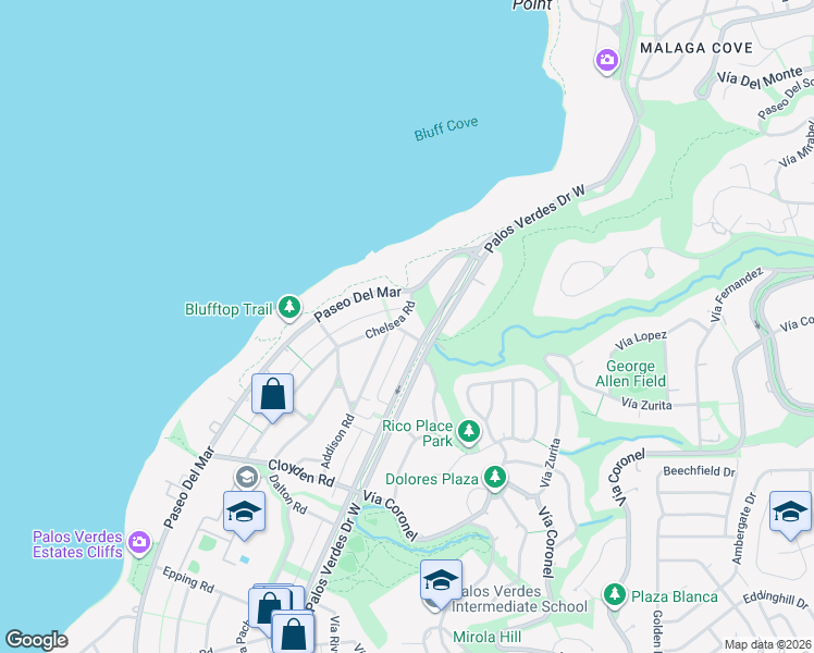 map of restaurants, bars, coffee shops, grocery stores, and more near 1404 Chelsea Road in Palos Verdes Estates