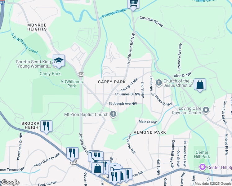 map of restaurants, bars, coffee shops, grocery stores, and more near 1138 5th Street Northwest in Atlanta