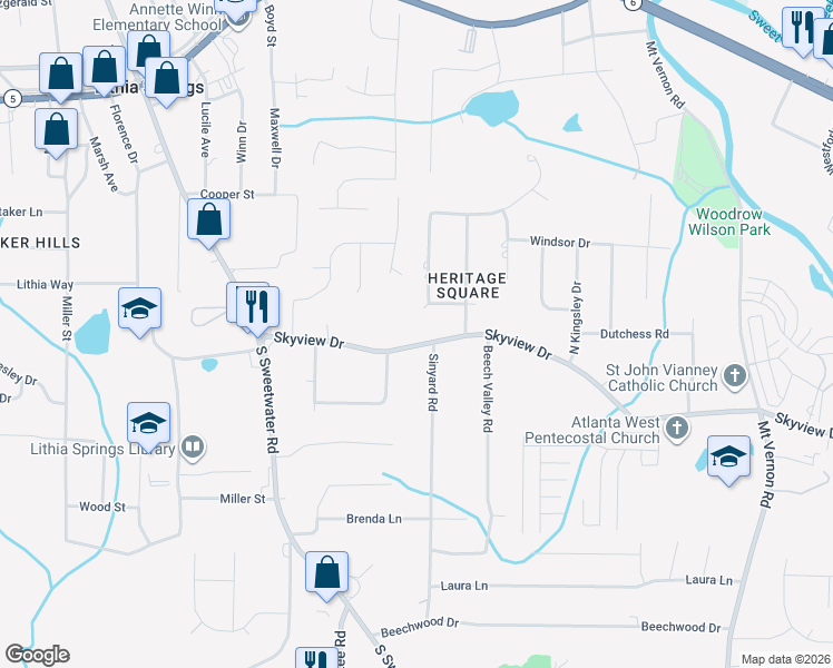map of restaurants, bars, coffee shops, grocery stores, and more near 3261 Skyview Drive in Lithia Springs