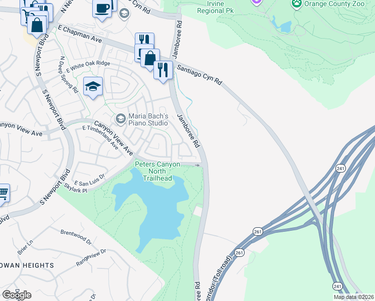 map of restaurants, bars, coffee shops, grocery stores, and more near 211 South Grisly Canyon Drive in Orange