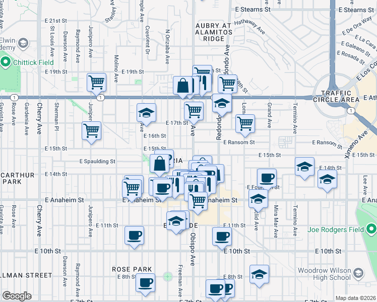 map of restaurants, bars, coffee shops, grocery stores, and more near 3130 E 15th St in Long Beach