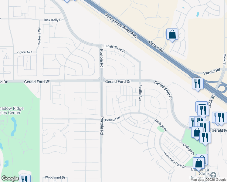 map of restaurants, bars, coffee shops, grocery stores, and more near 74900-74948 Gerald Ford Drive in Palm Desert