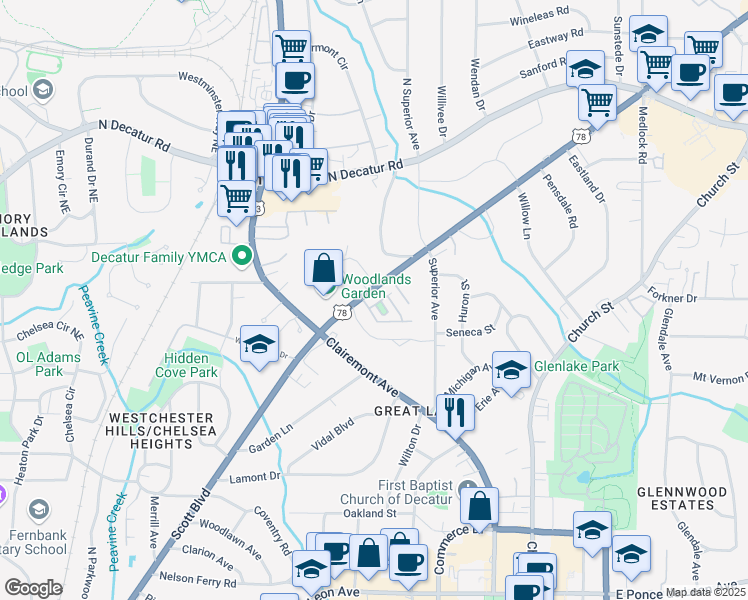 map of restaurants, bars, coffee shops, grocery stores, and more near 25 High Gate Trail in Decatur