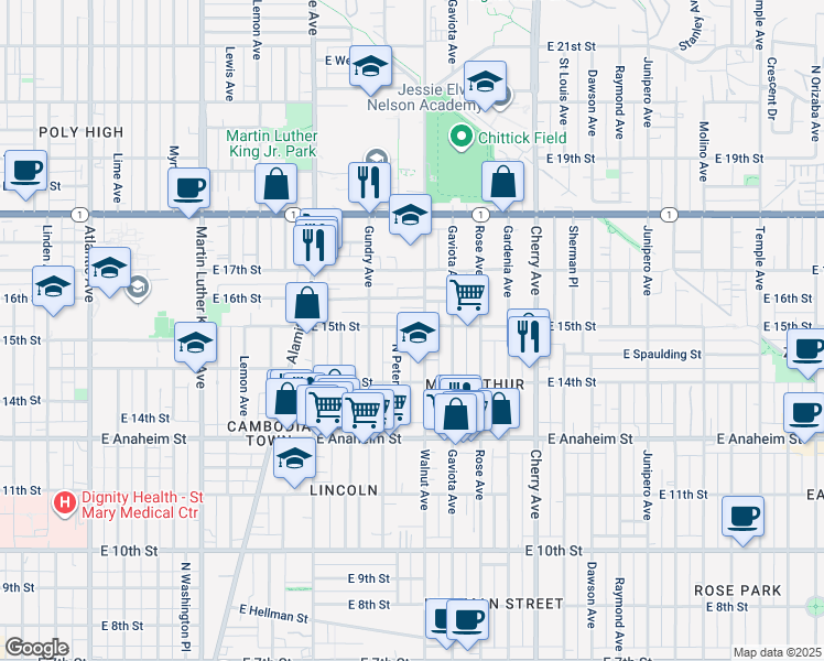 map of restaurants, bars, coffee shops, grocery stores, and more near 1528 East 15th Street in Long Beach