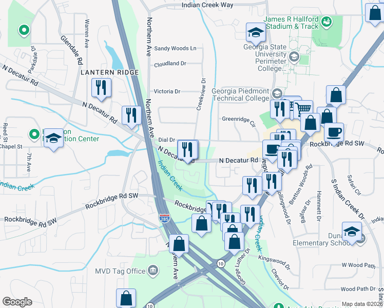 map of restaurants, bars, coffee shops, grocery stores, and more near 3710 North Decatur Road in Scottdale