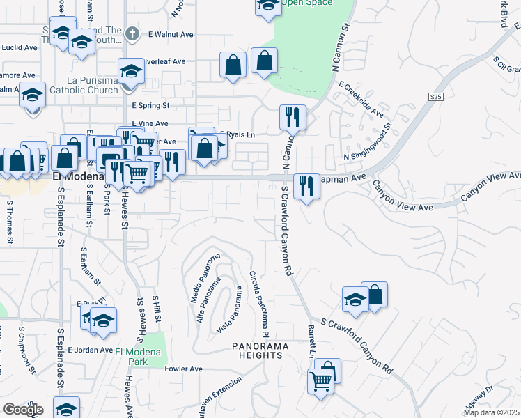 map of restaurants, bars, coffee shops, grocery stores, and more near 195 South Los Timbres Street in Orange