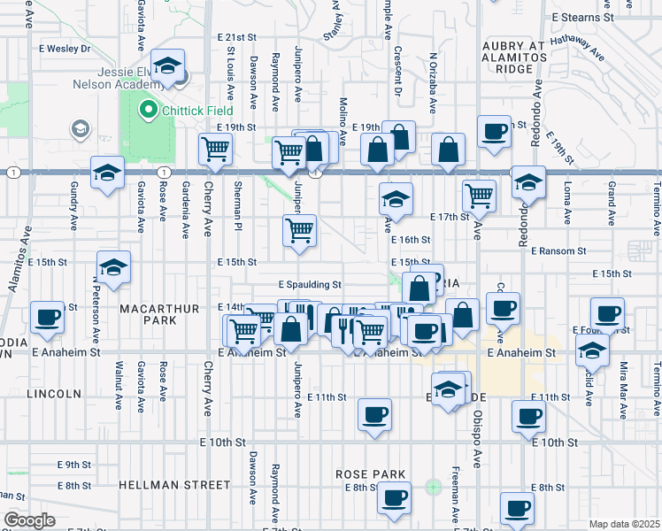 map of restaurants, bars, coffee shops, grocery stores, and more near 2516 East 15th Street in Long Beach