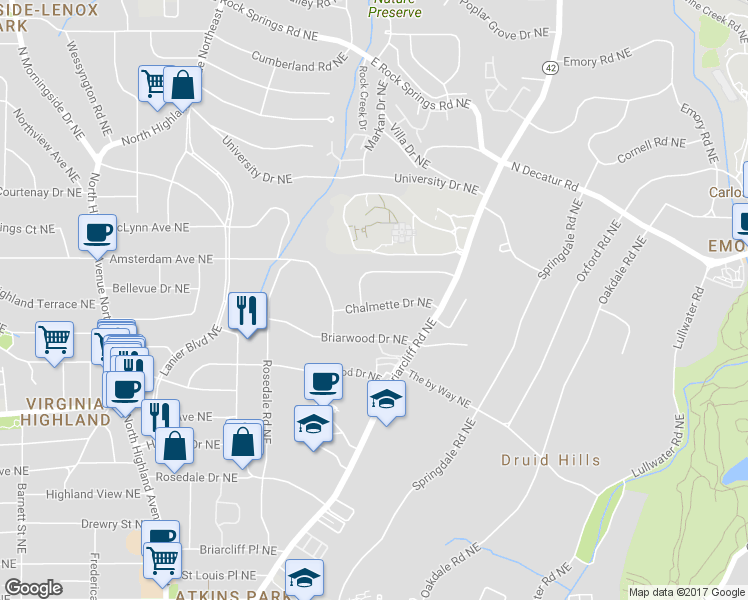 map of restaurants, bars, coffee shops, grocery stores, and more near 1336 Chalmette Drive Northeast in Atlanta