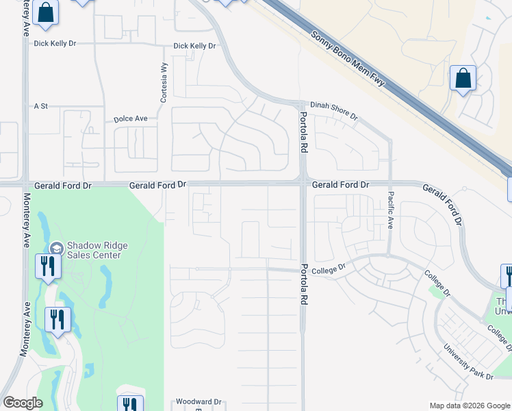 map of restaurants, bars, coffee shops, grocery stores, and more near 74080 Scholar Lane West in Palm Desert