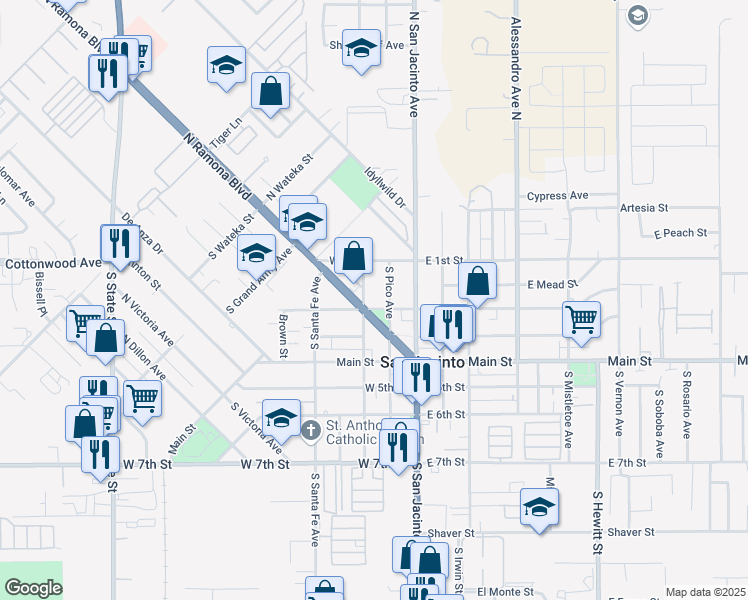 map of restaurants, bars, coffee shops, grocery stores, and more near 281 2nd Street West in San Jacinto