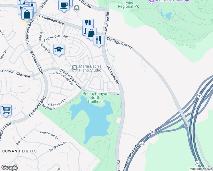 map of restaurants, bars, coffee shops, grocery stores, and more near 211 South Grisly Canyon Drive in Orange