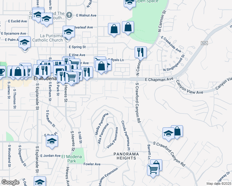 map of restaurants, bars, coffee shops, grocery stores, and more near 19071 East Smiley Drive in Orange