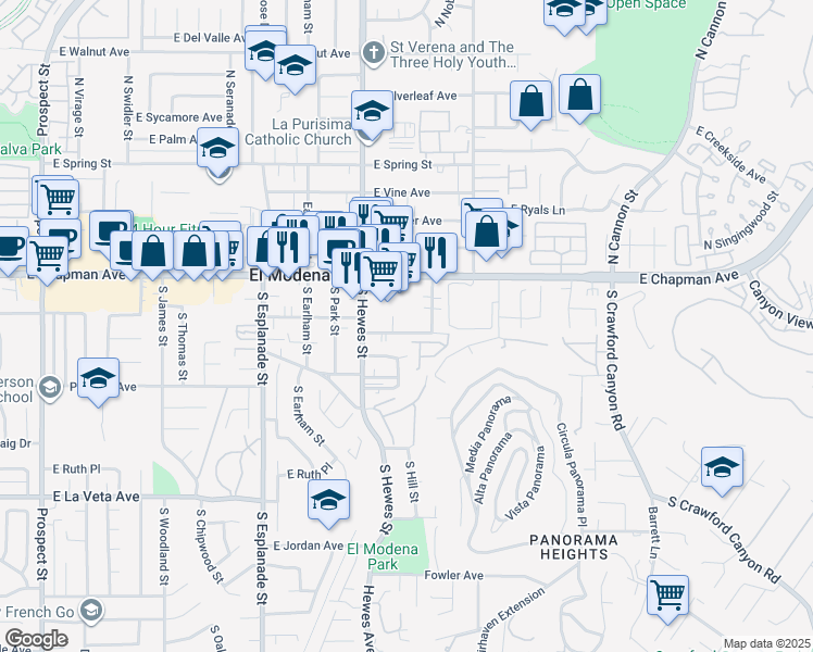 map of restaurants, bars, coffee shops, grocery stores, and more near 4623 East Washington Avenue in Orange