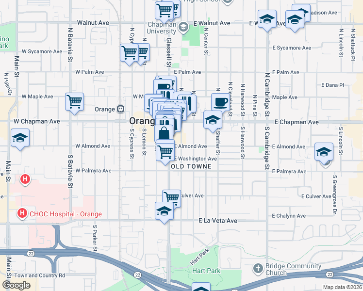 map of restaurants, bars, coffee shops, grocery stores, and more near 134 East Almond Avenue in Orange
