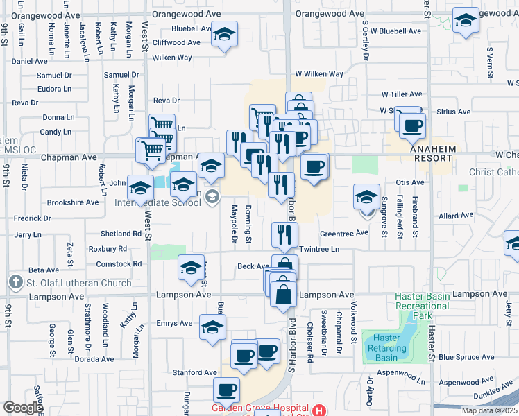 map of restaurants, bars, coffee shops, grocery stores, and more near 12181 Tamerlane Drive in Garden Grove