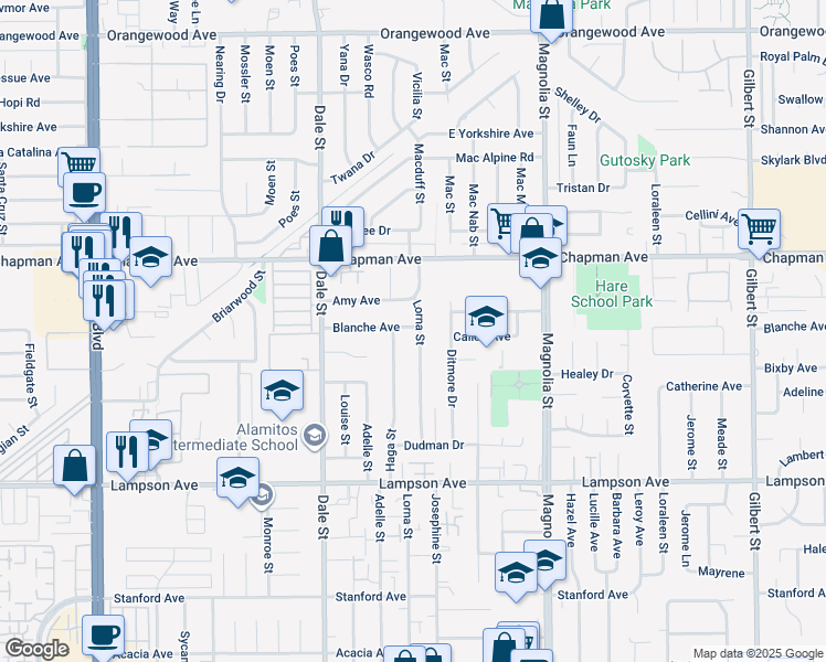 map of restaurants, bars, coffee shops, grocery stores, and more near 12152 Haga Street in Garden Grove