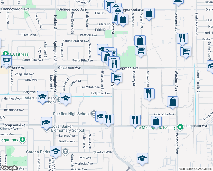 map of restaurants, bars, coffee shops, grocery stores, and more near 6901 Laurelton Avenue in Garden Grove
