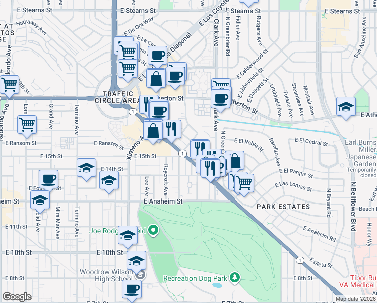 map of restaurants, bars, coffee shops, grocery stores, and more near 1488 Park Avenue in Long Beach