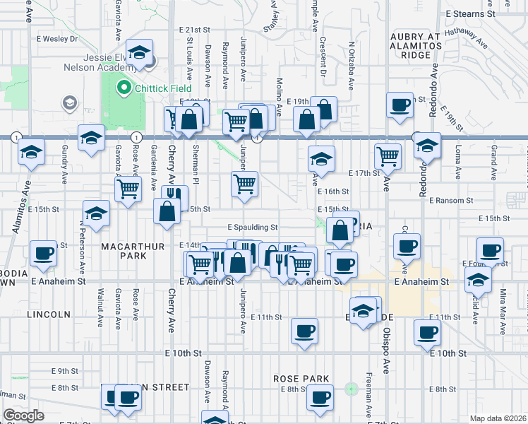 map of restaurants, bars, coffee shops, grocery stores, and more near 2440 East 15th Street in Long Beach