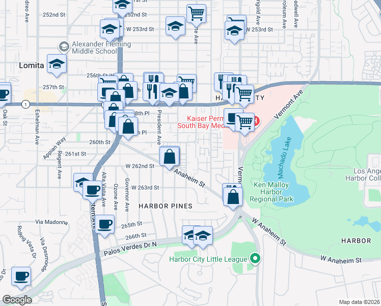 map of restaurants, bars, coffee shops, grocery stores, and more near 26020 Belle Porte Avenue in Los Angeles