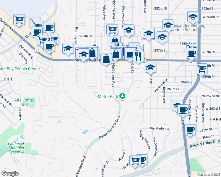 map of restaurants, bars, coffee shops, grocery stores, and more near 26100 Narbonne Avenue in Lomita