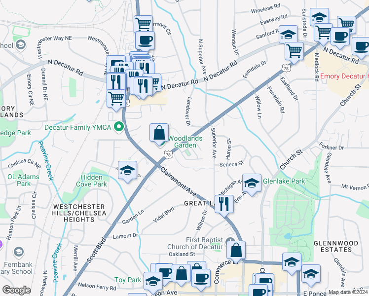 map of restaurants, bars, coffee shops, grocery stores, and more near 23 High Gate Trail in Decatur