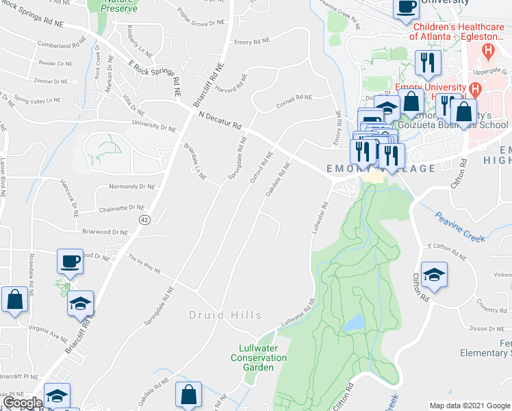 map of restaurants, bars, coffee shops, grocery stores, and more near 1151 Oxford Road Northeast in Atlanta