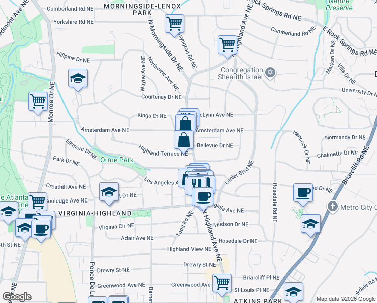 map of restaurants, bars, coffee shops, grocery stores, and more near 1148 North Highland Avenue Northeast in Atlanta
