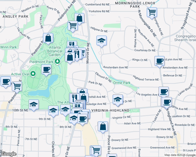 map of restaurants, bars, coffee shops, grocery stores, and more near 1151 Orme Circle Northeast in Atlanta