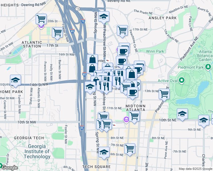 map of restaurants, bars, coffee shops, grocery stores, and more near 1163 West Peachtree Street Northwest in Atlanta