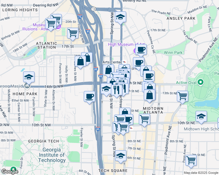 map of restaurants, bars, coffee shops, grocery stores, and more near in Atlanta