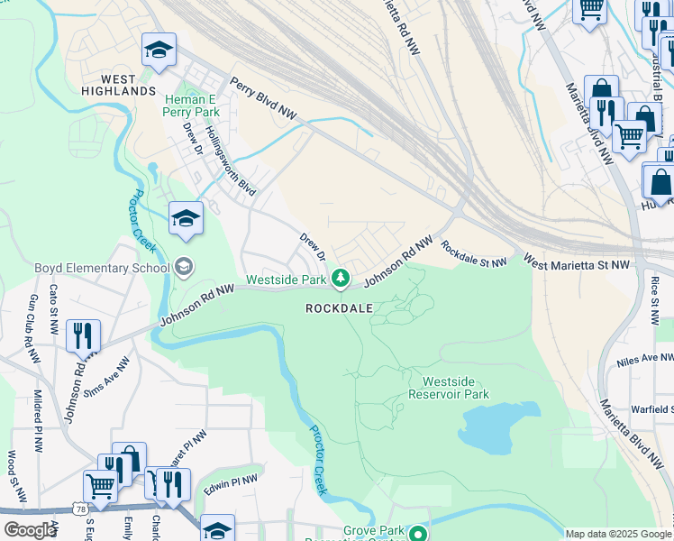 map of restaurants, bars, coffee shops, grocery stores, and more near 1602 Johnson Road Northwest in Atlanta