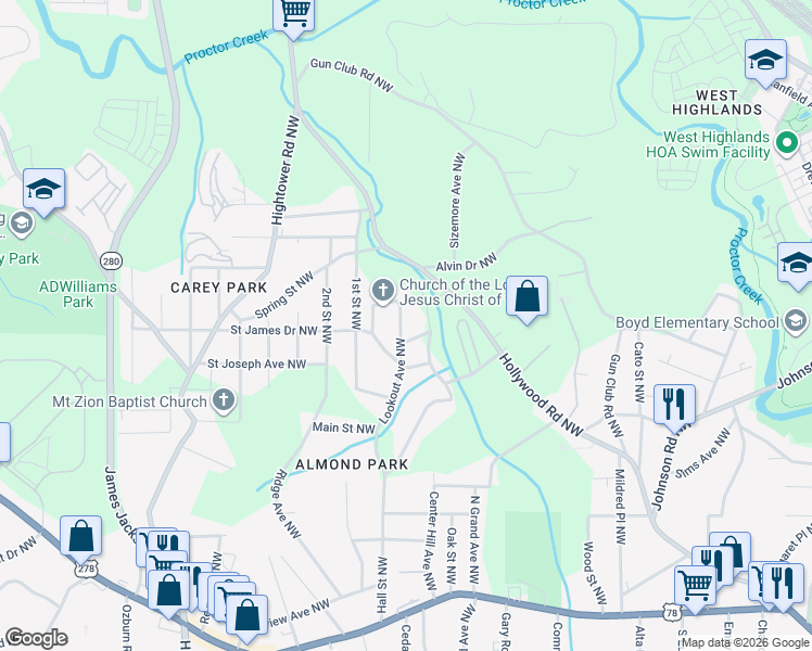 map of restaurants, bars, coffee shops, grocery stores, and more near 1145 Lookout Avenue Northwest in Atlanta