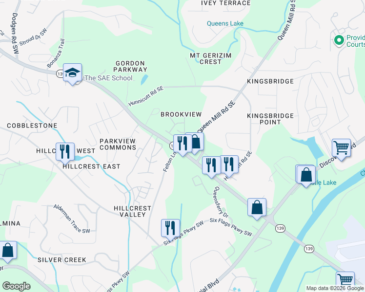 map of restaurants, bars, coffee shops, grocery stores, and more near 6900 Queen Mill Road Southeast in Mableton