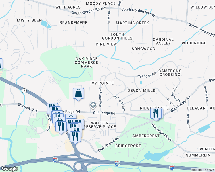 map of restaurants, bars, coffee shops, grocery stores, and more near 6656 Ivy Log Drive Southwest in Austell