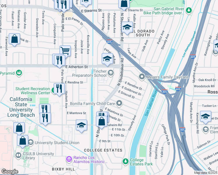 map of restaurants, bars, coffee shops, grocery stores, and more near 6752 East Driscoll Street in Long Beach