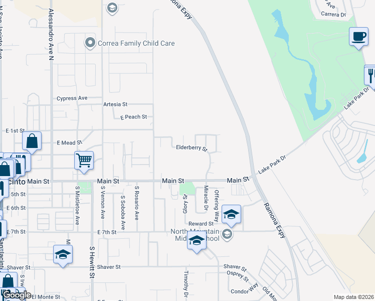 map of restaurants, bars, coffee shops, grocery stores, and more near 1034 Elderberry Street in San Jacinto