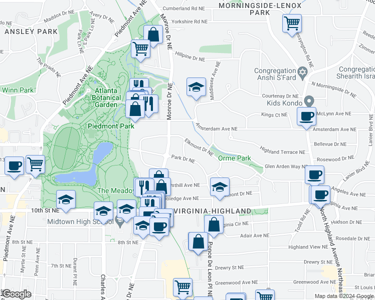 map of restaurants, bars, coffee shops, grocery stores, and more near 1151 Orme Circle Northeast in Atlanta