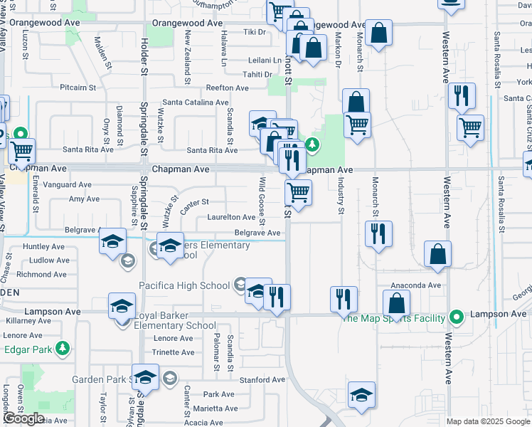 map of restaurants, bars, coffee shops, grocery stores, and more near 6901 Laurelton Avenue in Garden Grove