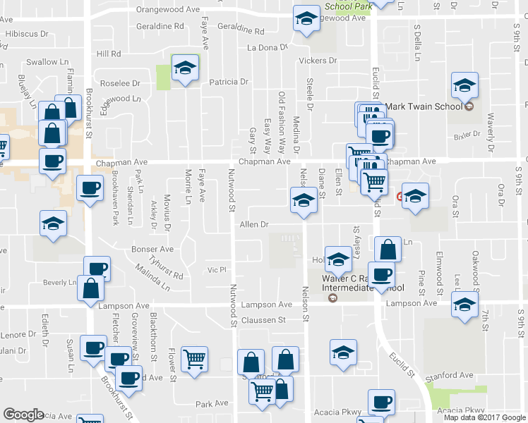 map of restaurants, bars, coffee shops, grocery stores, and more near 10602 Artcraft Avenue in Garden Grove