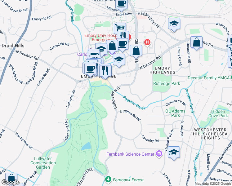 map of restaurants, bars, coffee shops, grocery stores, and more near 1155 Clifton Road in Atlanta