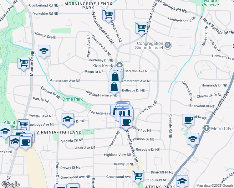 map of restaurants, bars, coffee shops, grocery stores, and more near 1148 North Highland Avenue Northeast in Atlanta