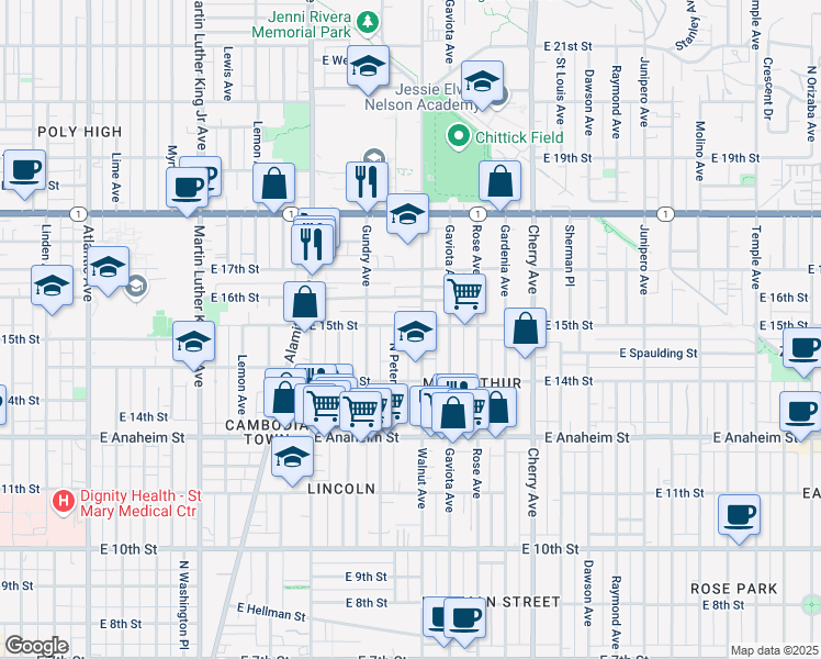 map of restaurants, bars, coffee shops, grocery stores, and more near 1528 East 15th Street in Long Beach