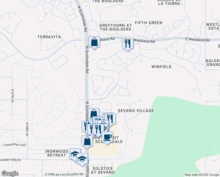map of restaurants, bars, coffee shops, grocery stores, and more near 7355 East Sunset Sky Circle in Scottsdale