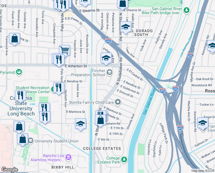 map of restaurants, bars, coffee shops, grocery stores, and more near 6752 East Driscoll Street in Long Beach