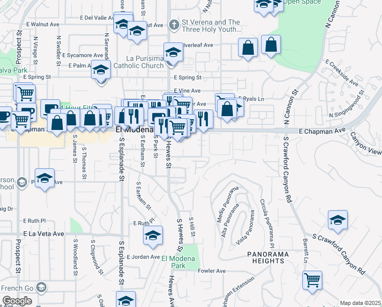 map of restaurants, bars, coffee shops, grocery stores, and more near 4623 East Washington Avenue in Orange