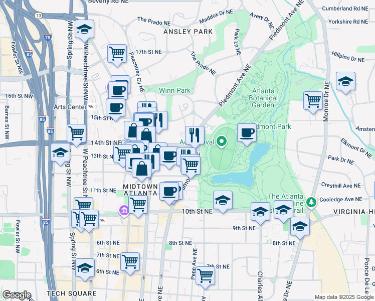 map of restaurants, bars, coffee shops, grocery stores, and more near 253 14th Street Northeast in Atlanta