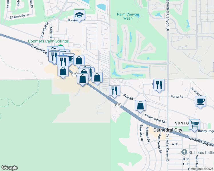 map of restaurants, bars, coffee shops, grocery stores, and more near 19 Roosevelt in Cathedral City